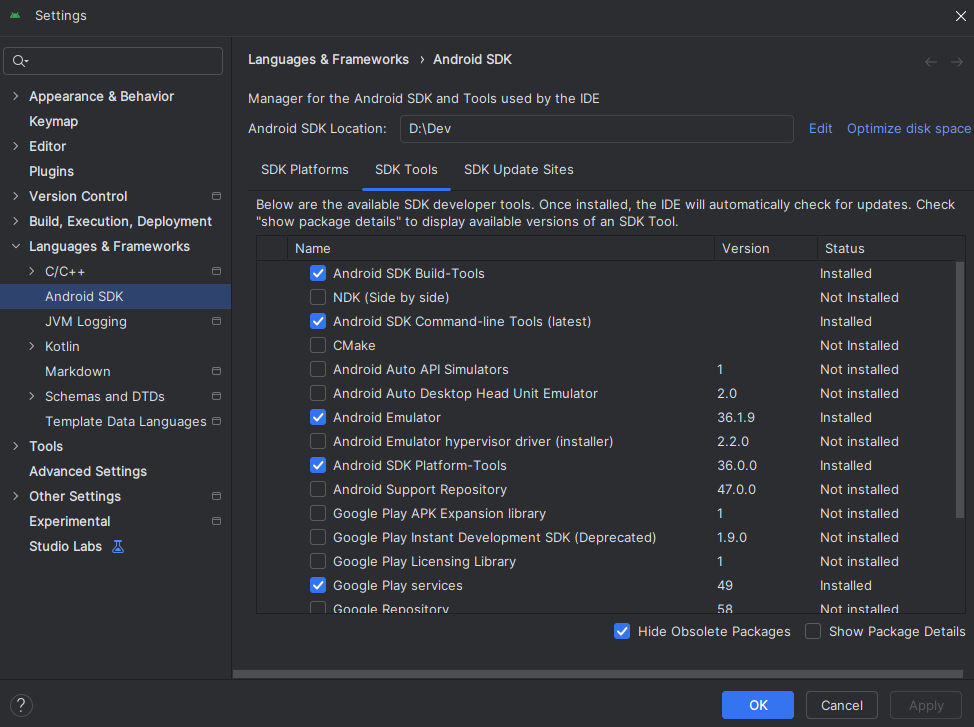 Gambar checklist SDK Tools di Android Studio
